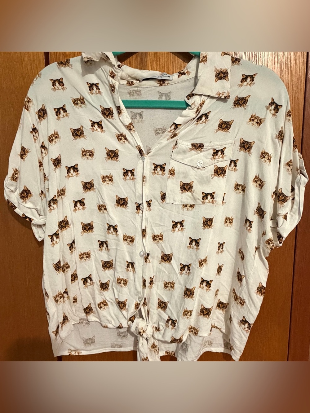 Cat Print Button down cropped Shirt
